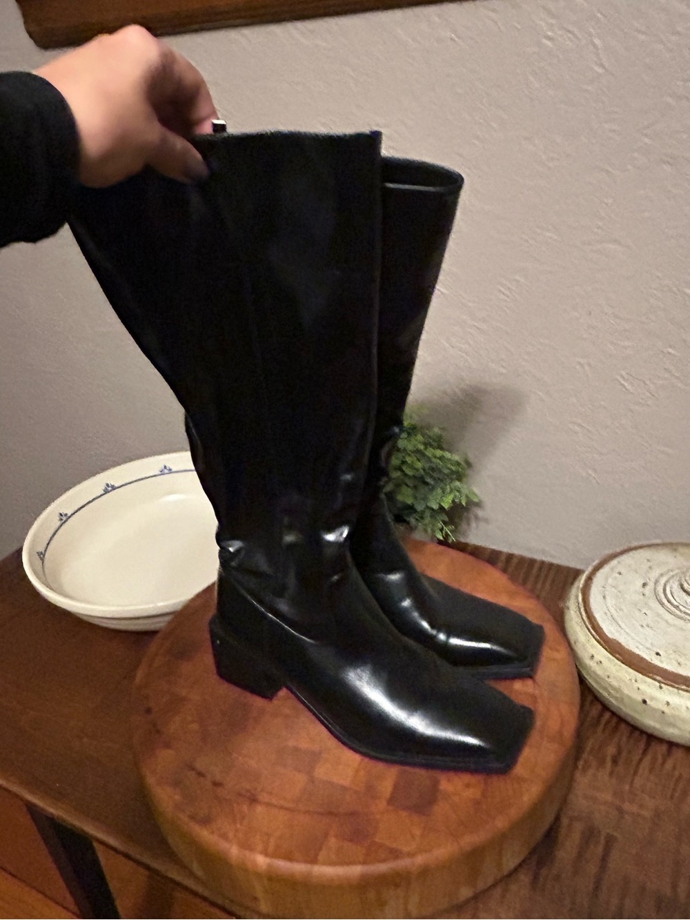 Sleek Black Knee-High Square-Toe Heeled Boots